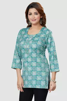 Blue printed rayon short-kurtis