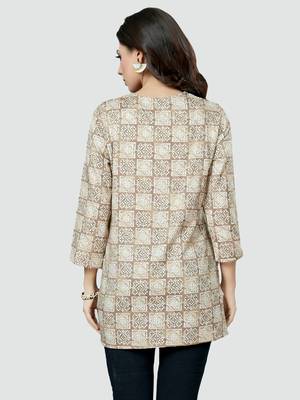 Beige printed rayon short-kurtis 2