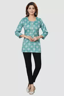 Blue printed rayon short-kurtis
