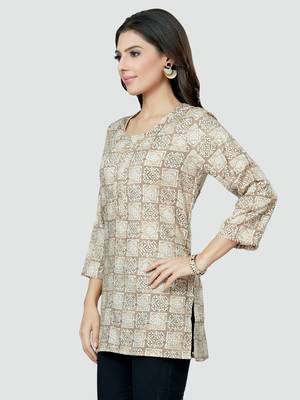 Beige printed rayon short-kurtis 3