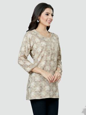 Beige printed rayon short-kurtis 4