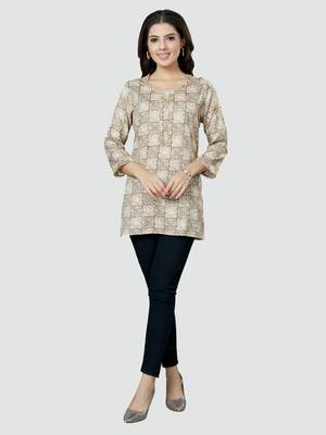 Beige printed rayon short-kurtis 5