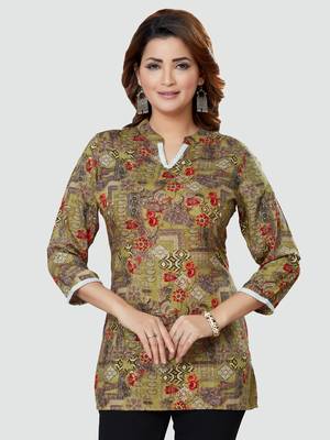 Green printed rayon short-kurtis 1