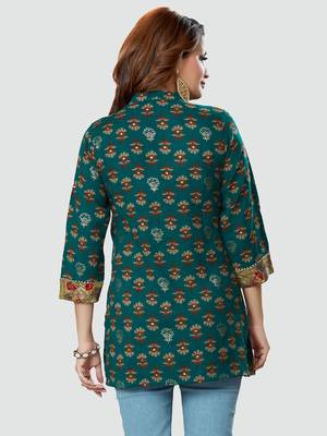 Green printed rayon short-kurtis 2
