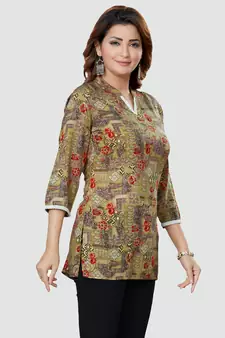 Green printed rayon short-kurtis