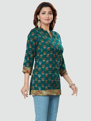 Green printed rayon short-kurtis 3