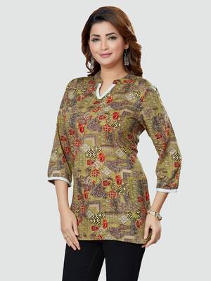 Green printed rayon short-kurtis 4