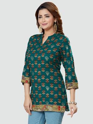 Green printed rayon short-kurtis 4