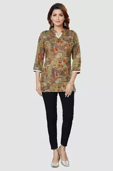 Green printed rayon short-kurtis