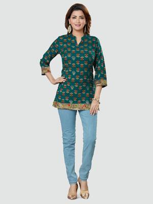 Green printed rayon short-kurtis 5