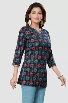 Blue printed rayon short-kurtis