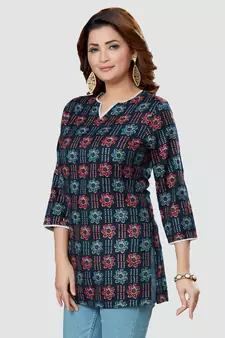 Blue printed rayon short-kurtis