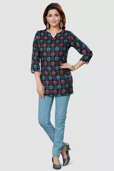 Blue printed rayon short-kurtis
