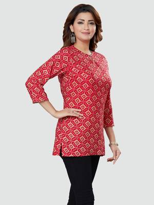 Red printed rayon short-kurtis 3