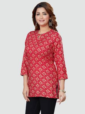 Red printed rayon short-kurtis 4