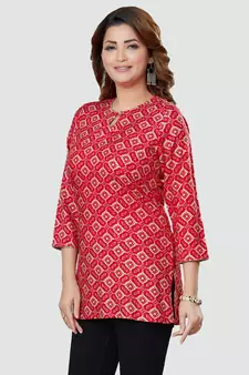 Red printed rayon short-kurtis