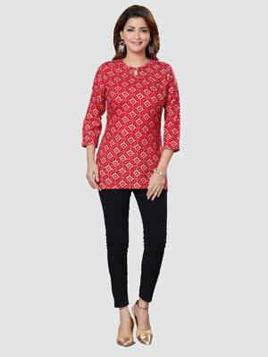 Red printed rayon short-kurtis 5