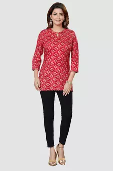 Red printed rayon short-kurtis