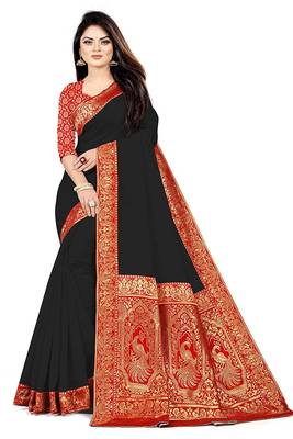Black woven chanderi saree with blouse 1