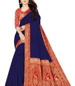 Navy blue woven chanderi saree with blouse