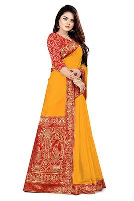 Yellow woven chanderi saree with blouse 2