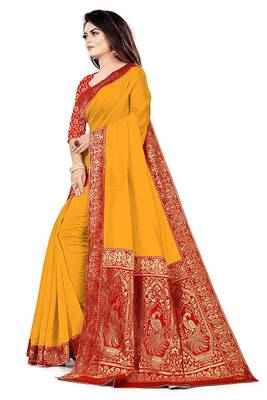 Yellow woven chanderi saree with blouse 3