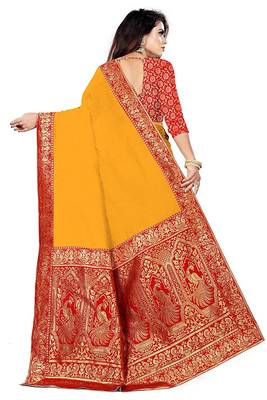 Yellow woven chanderi saree with blouse 4