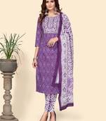 Vbuyz Women'S Print & Embroidered Straight Cotton Lavender  Stitched Kurta Pant With Dupatta