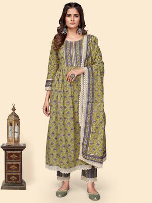 Vbuyz Women'S Print & Gota Patti Straight Cotton Olive Stitched Kurta Pant With Dupatta 1