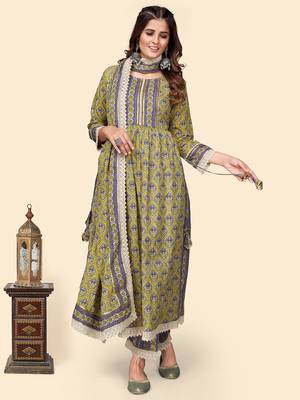 Vbuyz Women'S Print & Gota Patti Straight Cotton Olive Stitched Kurta Pant With Dupatta 3
