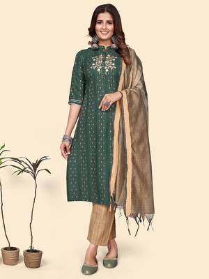 Vbuyz Women'S Print & Embroidered Straight Cotton Blend Green Stitched Kurta Pant With Dupatta 3
