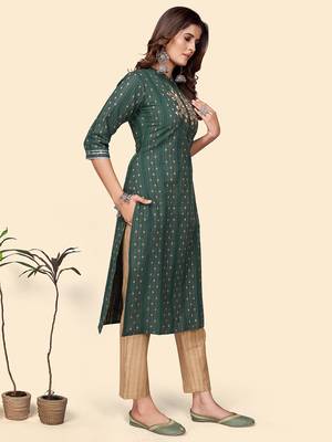 Vbuyz Women'S Print & Embroidered Straight Cotton Blend Green Stitched Kurta Pant With Dupatta 6