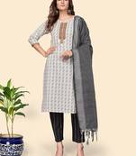 Vbuyz Women'S Printed Straight Cotton Blend White Stitched Kurta Pant With Dupatta