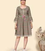 Vbuyz Women'S Floral Print Flared Cotton Olive Stitched Dress