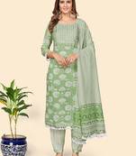 Vbuyz Women'S Print & Sequience Straight Cotton Green Stitched Kurta Pant With Dupatta