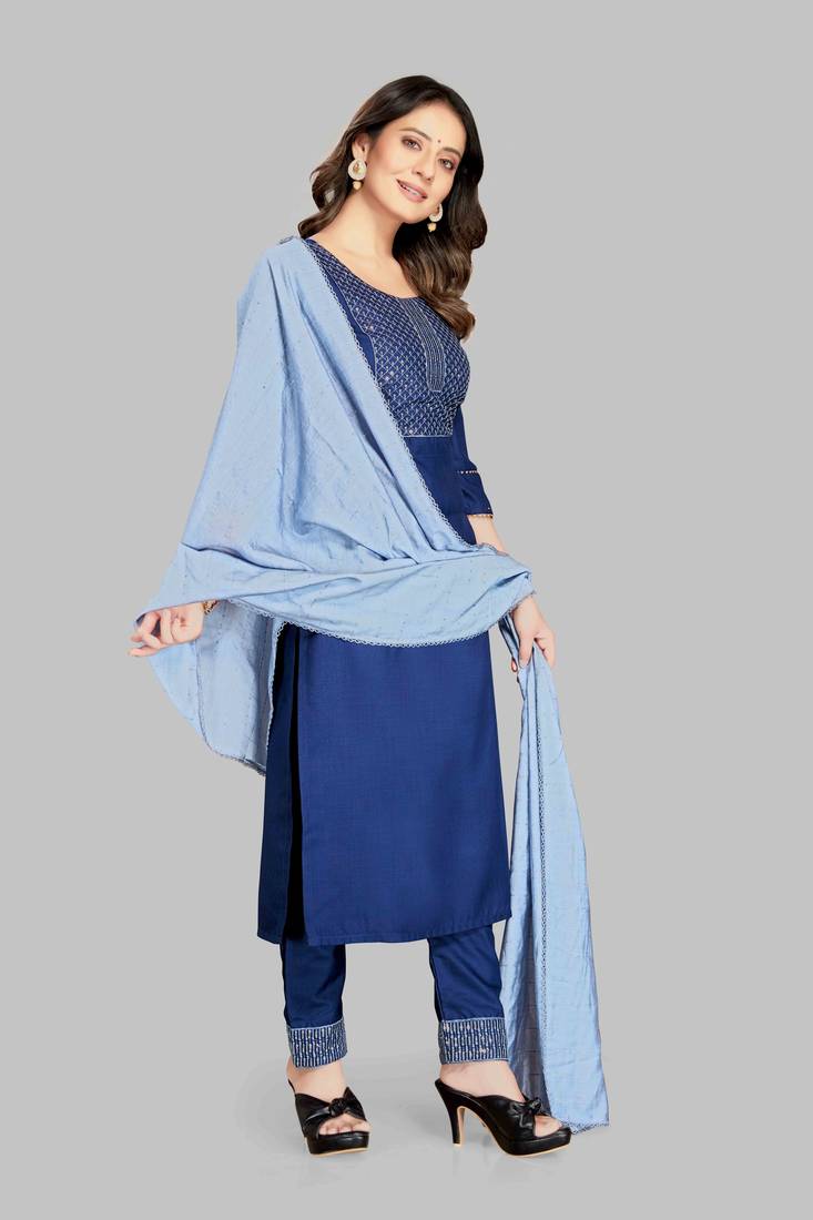 Style Samsara Cotton Blend Embroidered Kurta, Pant and Dupatta Set