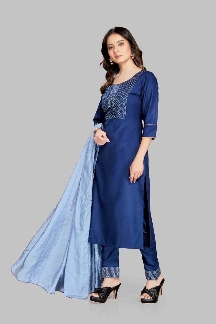 Style Samsara Cotton Blend Embroidered Kurta, Pant and Dupatta Set