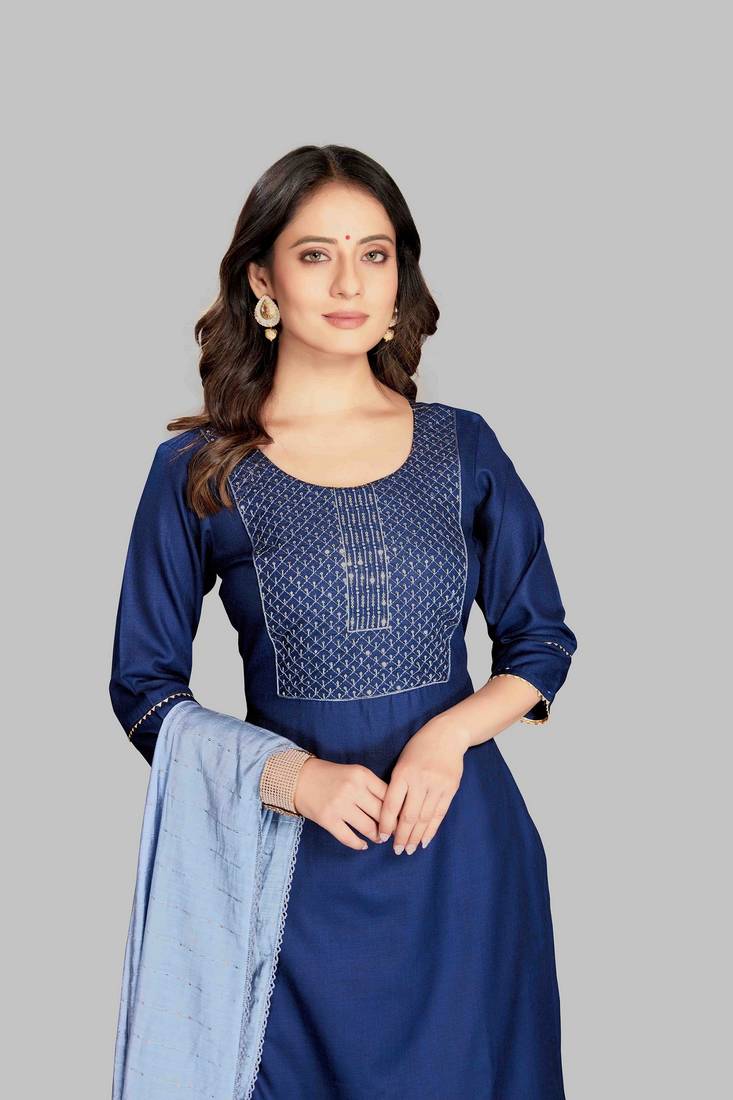 Style Samsara Cotton Blend Embroidered Kurta, Pant and Dupatta Set