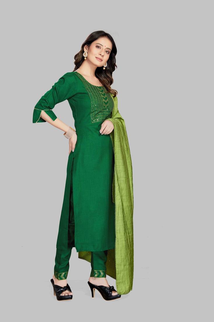 Style Samsara Cotton Blend Embroidered Kurta, Pant and Dupatta Set