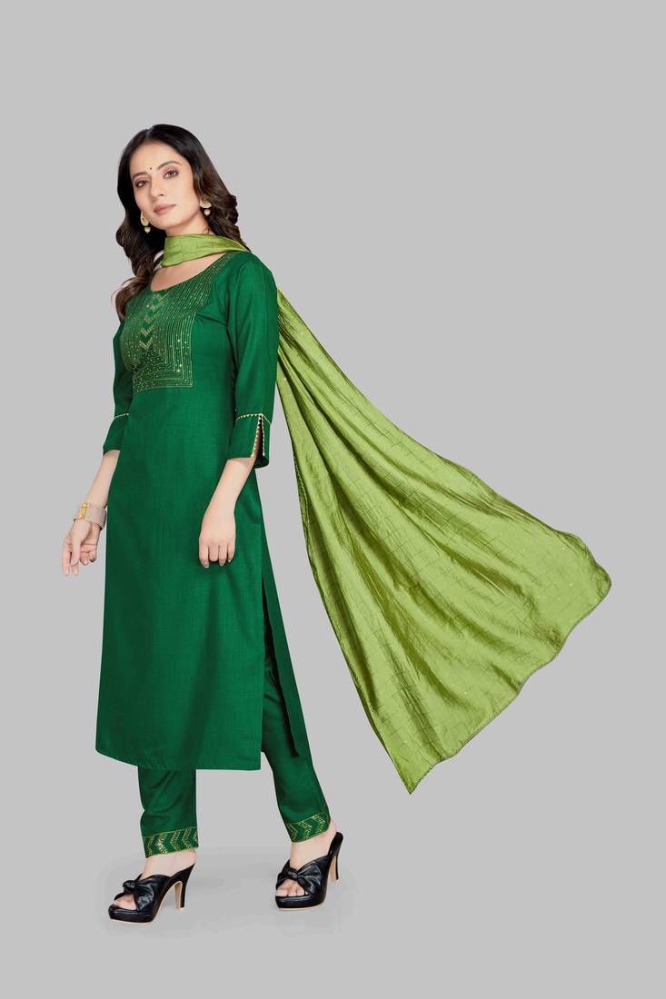 Style Samsara Cotton Blend Embroidered Kurta, Pant and Dupatta Set