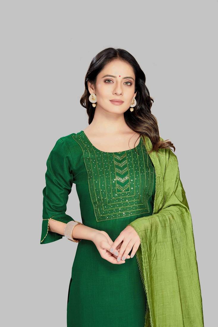 Style Samsara Cotton Blend Embroidered Kurta, Pant and Dupatta Set