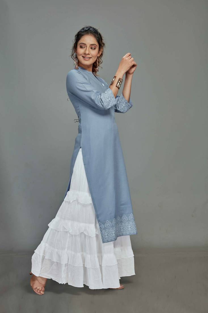 style Samsara Cotton blend Denim Style Kurta Sharara Set