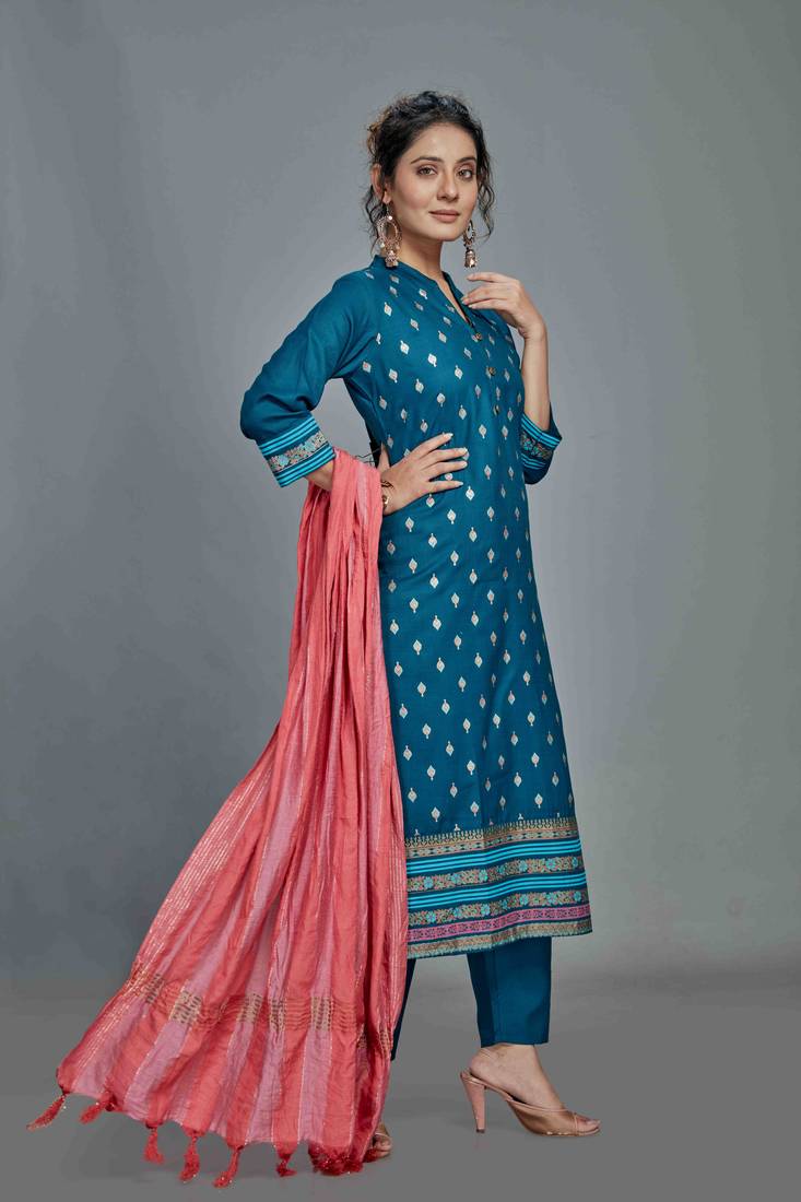 Cotton Silk Embroidered Asymmetrical Kurta Pant With Dupatta Set