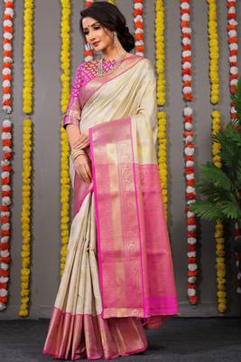 Cream Woven Silk Blend Saree With Blouse 1