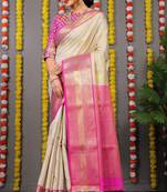 Cream Woven Silk Blend Saree With Blouse