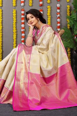 Cream Woven Silk Blend Saree With Blouse 2