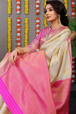Cream Woven Silk Blend Saree With Blouse 3