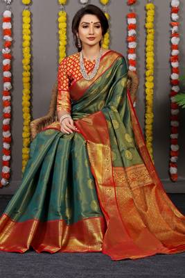 Green Woven Silk Blend Saree With Blouse 1