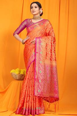 Orange Woven Silk Blend Saree With Blouse 1