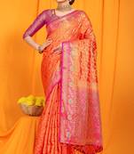 Orange Woven Silk Blend Saree With Blouse